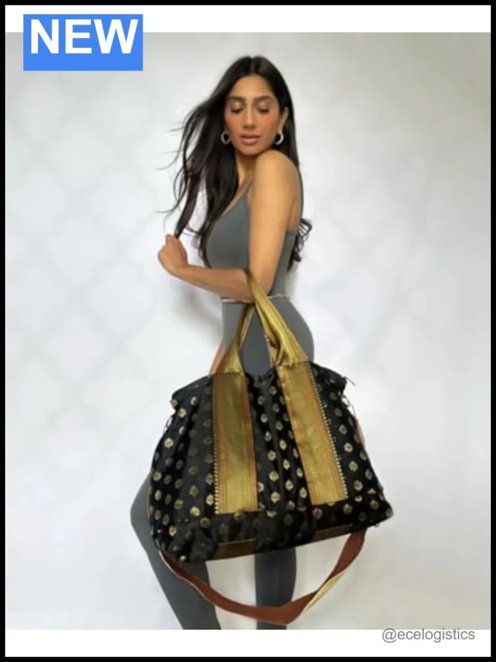 Upcycled Sari Silk Duffle Bag with Detachable Strap, Handmade